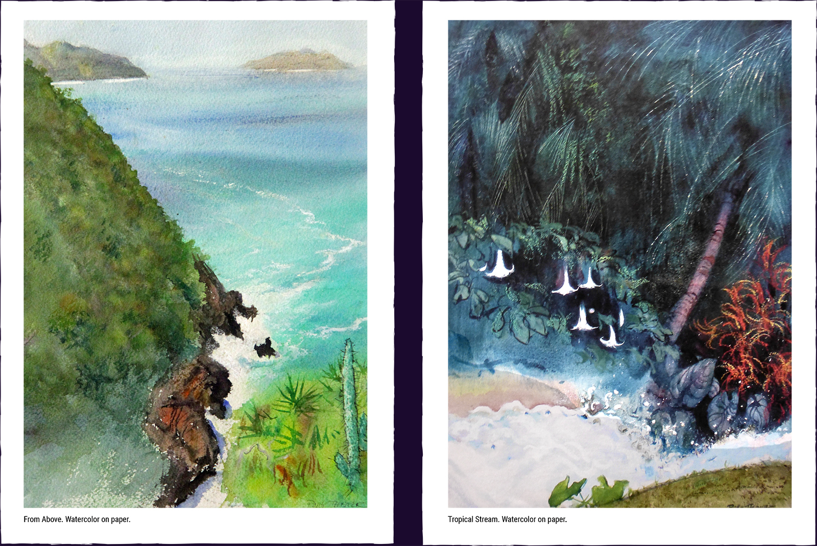 Two landscape paintings. (1) From Above. Watercolor on paper. (2) Tropical Stream. Watercolor on paper.