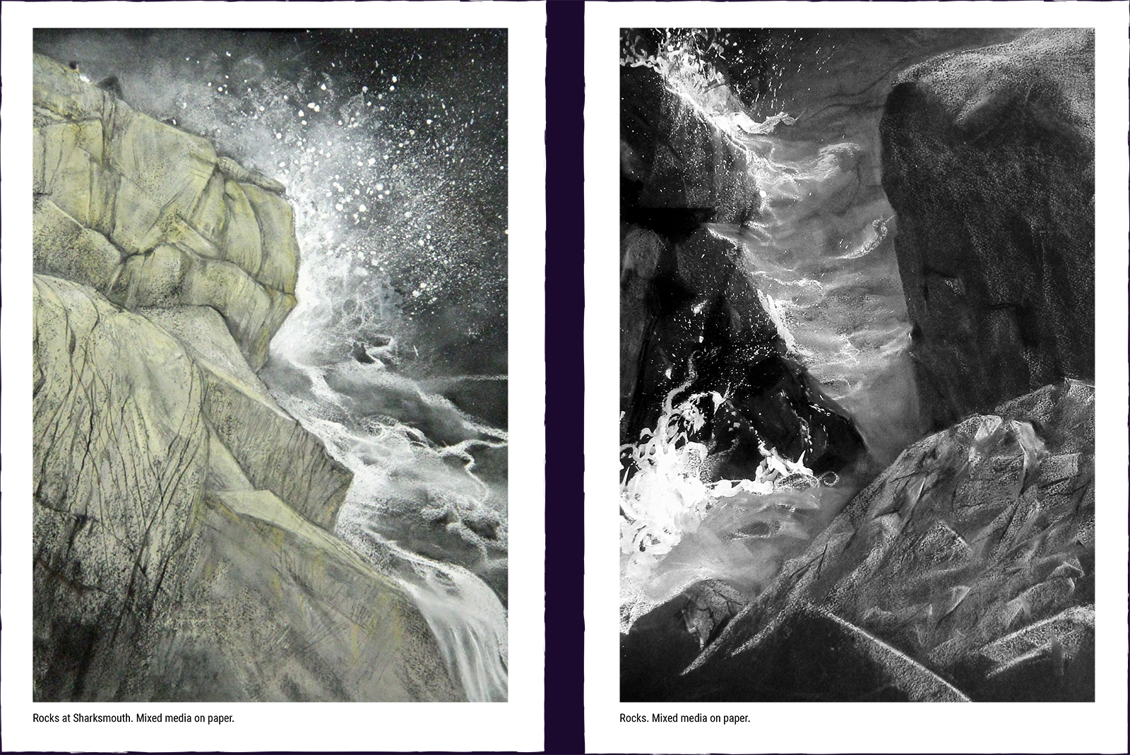 Two landscape paintings. (1) Rocks at Sharksmouth. Mixed media on paper. (2) Rocks. Mixed media on paper.