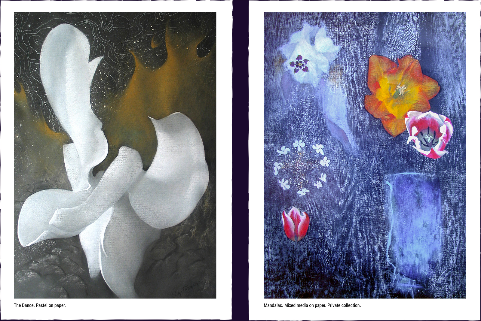 Two mystery paintings. (1) The Dance. Pastel on paper. (2) Mandalas. Mixed media on paper. Private collection.