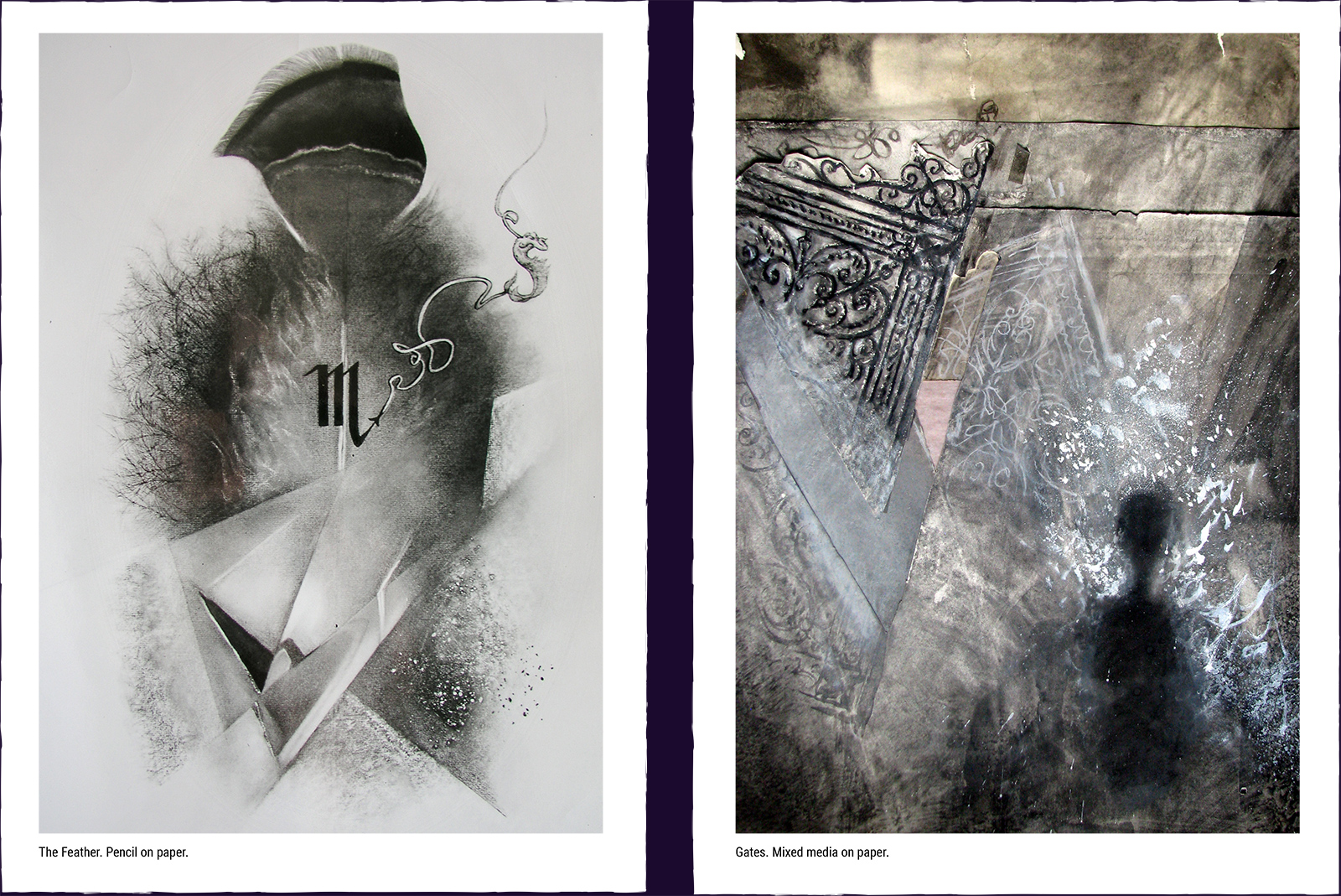 Two mystery paintings. (1) The Feather. Pencil on paper. (2) Gates. Mixed media on paper.