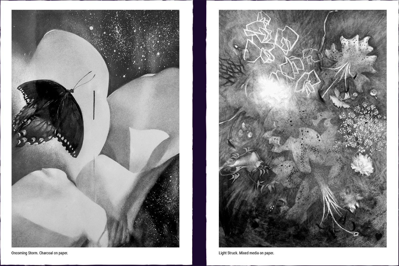 Two mystery paintings. (1) Oncoming Storm. Charcoal on paper. (2) Light Struck. Mixed media on paper.